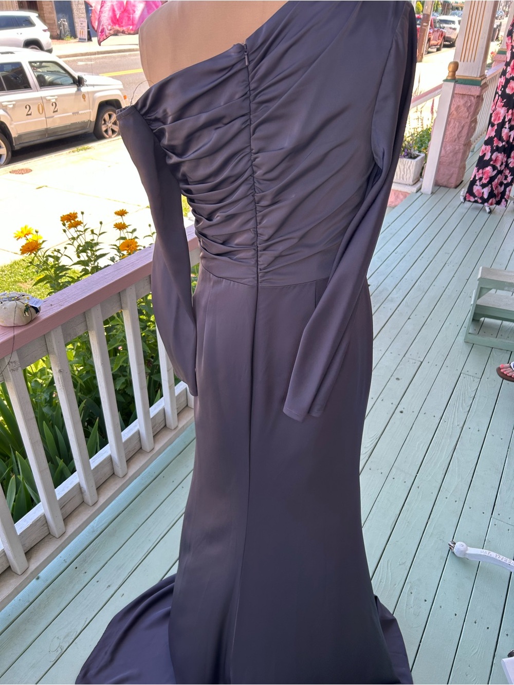 Elegant Off the Shoulder Evening Gown in Slate Gray - Picture 8 of 9